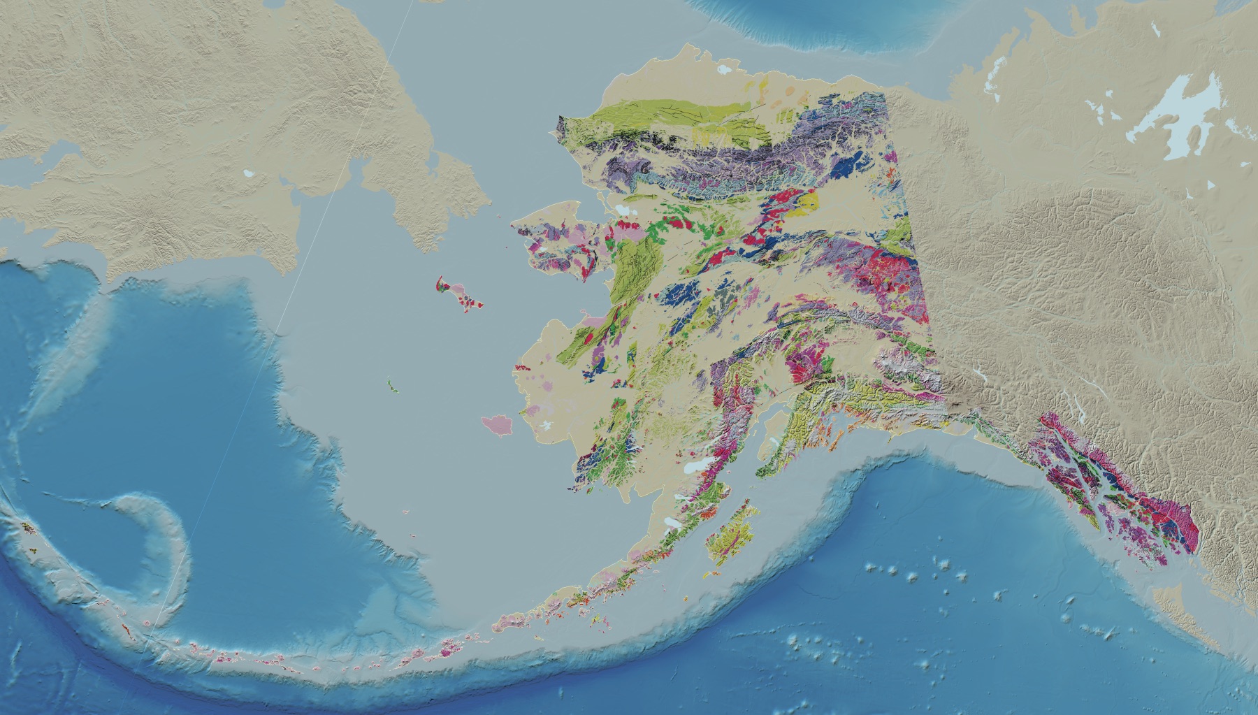 A colorful U.S. Geological Survey map shows rock units across Alaska