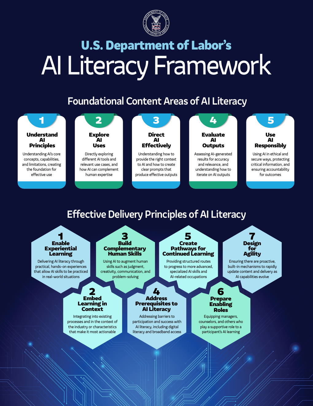 The official U.S. Department of Labor AI Literacy Framework graphic showing five content areas and seven delivery principles