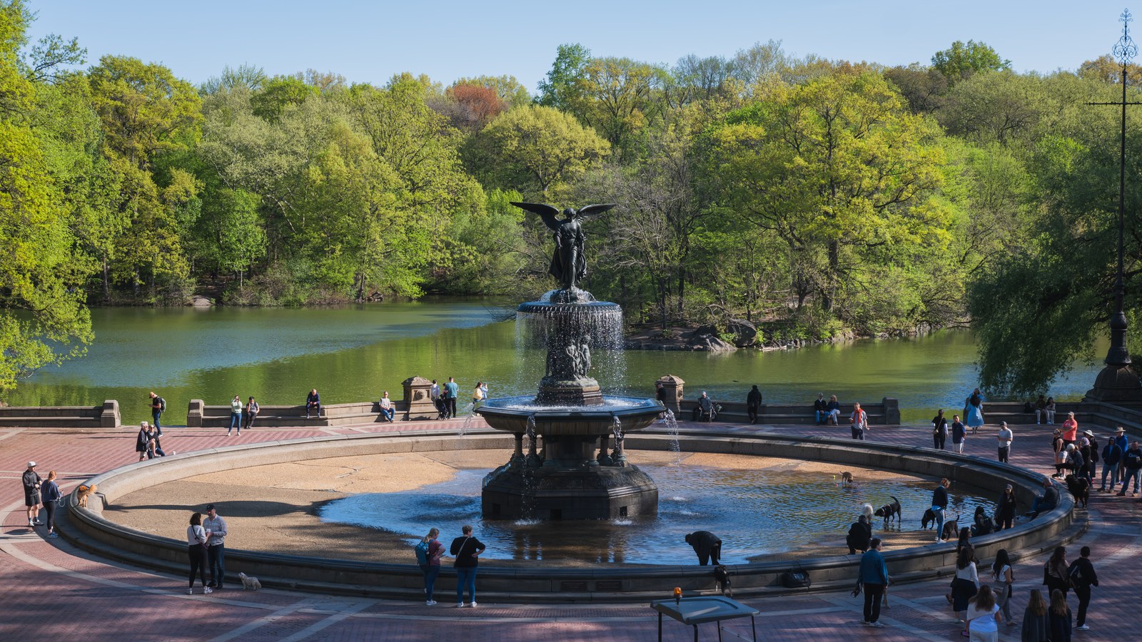 Wide spring view of Bethesda Fountain in Central Park. Emma Stebbins’s dark bronze winged Angel of the Waters rises above two fountain basins, with the Lake and green trees behind it.