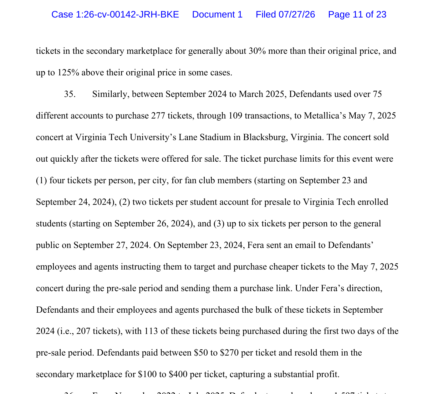 Paragraph 35 of the FTC complaint describing more than 75 accounts, 277 tickets, and the Metallica concert resale prices