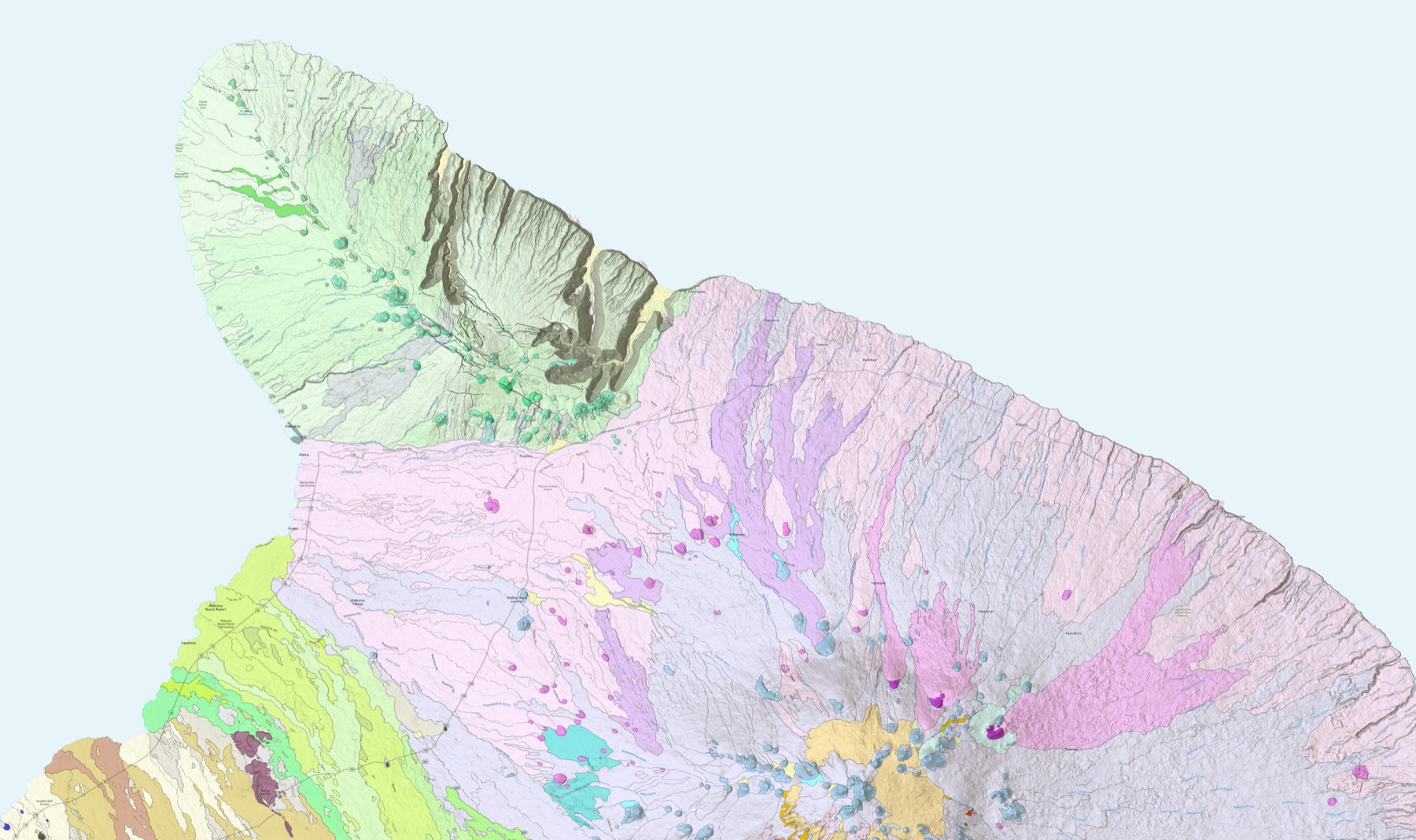 A detailed geologic map shows colored lava flows across the Kohala peninsula and Mauna Kea on the island of Hawaii