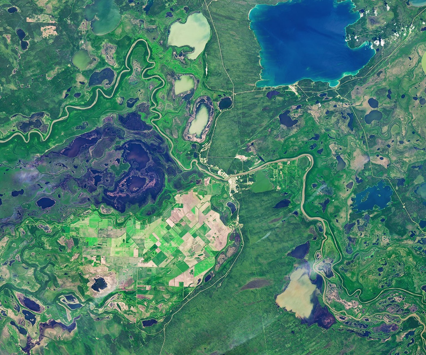 Landsat 9 view from July 2, 2026, showing rectangular green and tan fields in Manitoba's Carrot River Valley surrounded by winding river channels, marshes, lakes and forest.