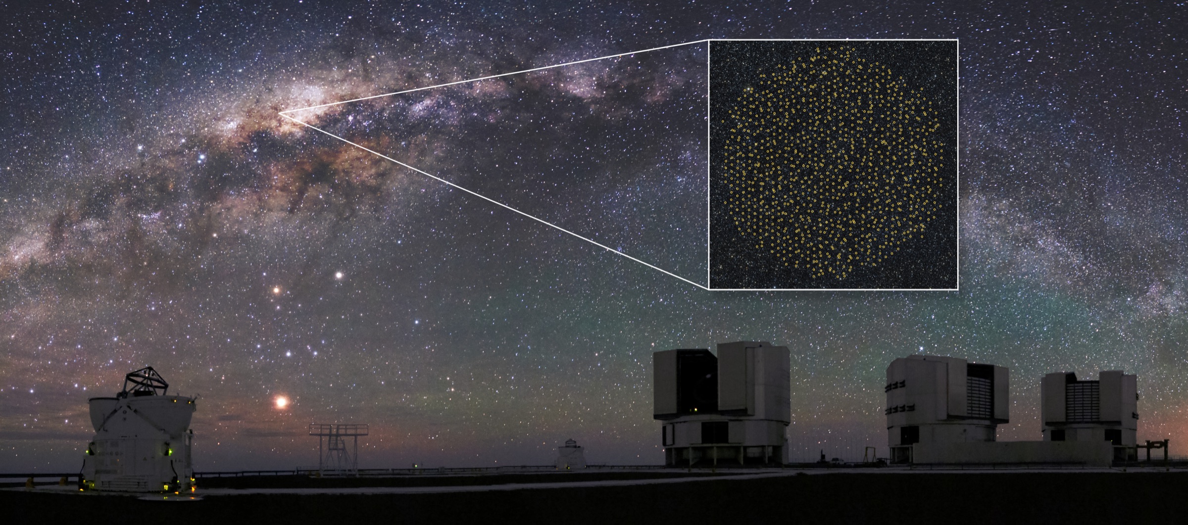 Composite view of the Very Large Telescope and Baade’s Window, with circles marking the positions assigned to MOONS optical fibers
