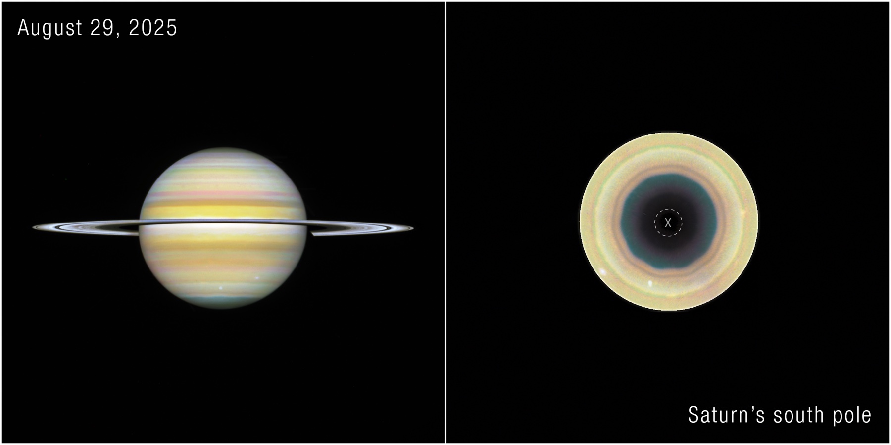 A Hubble image compares Saturn with a polar view showing a ten-sided atmospheric wave around the south pole