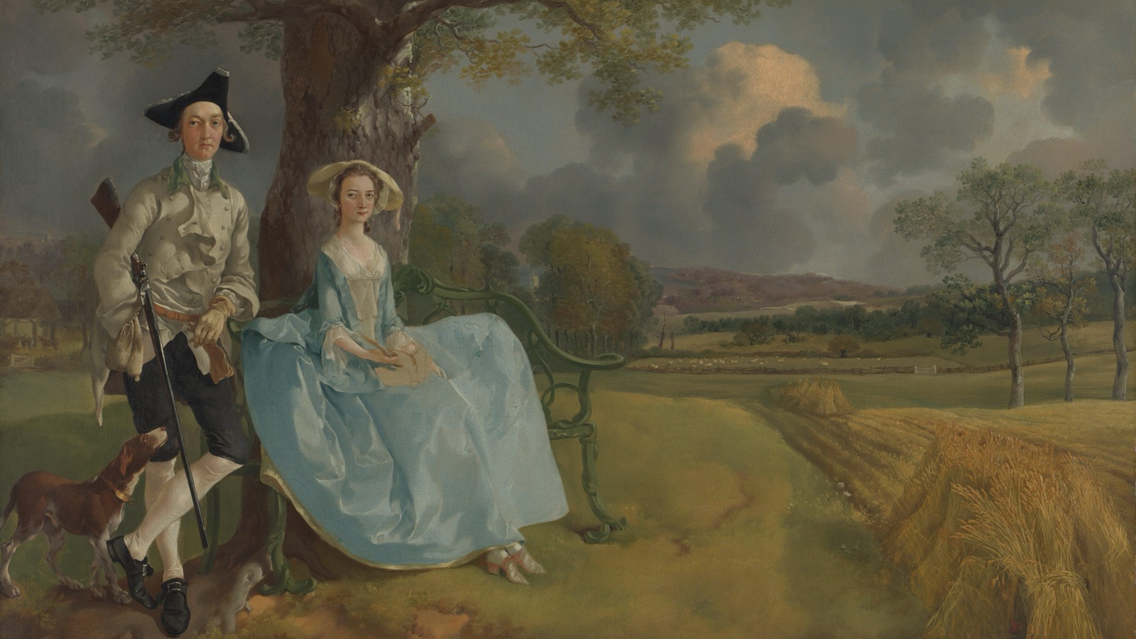 Thomas Gainsborough’s circa-1750 portrait shows Robert Andrews standing beside Frances Andrews in a pale blue dress, with their dog, an oak tree and cultivated fields filling the landscape.