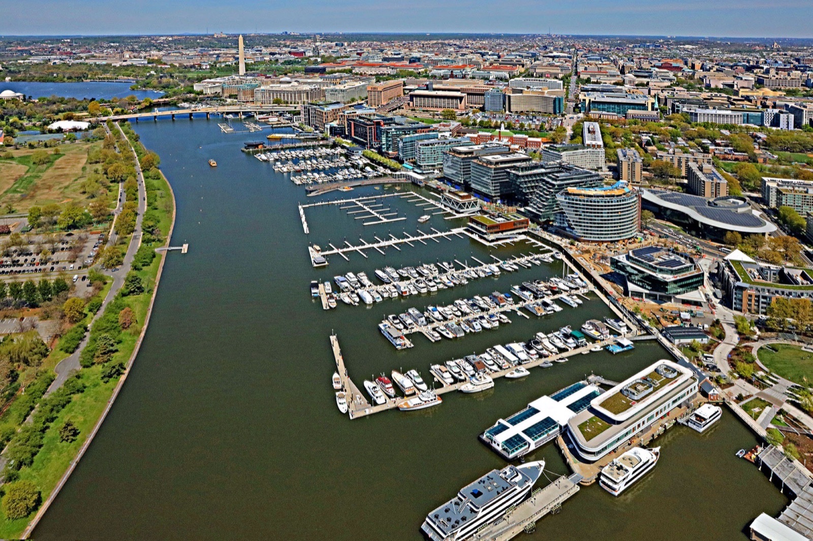 An aerial view of The Wharf and the Washington Channel in Washington, D.C.